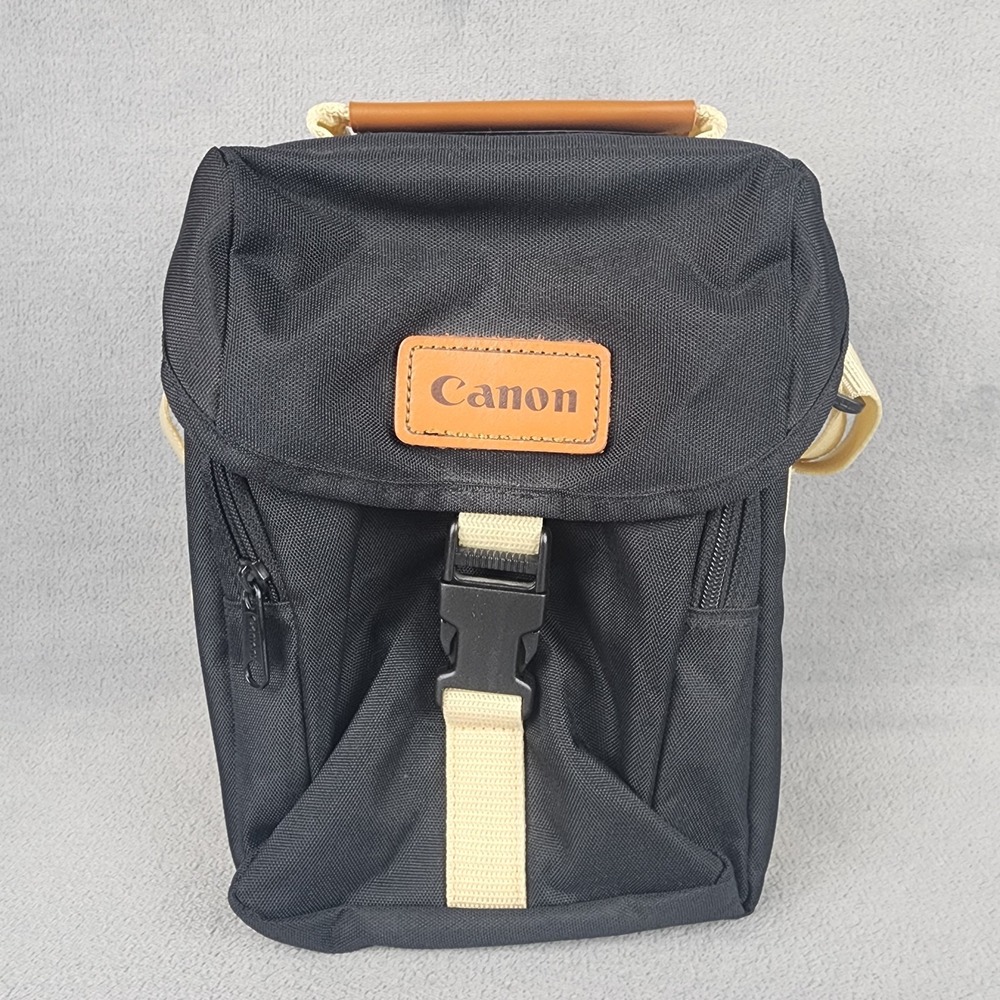 Vintage Canon Camera Shoulder Bag Black Tan Padded SLR DSLR Case Strap